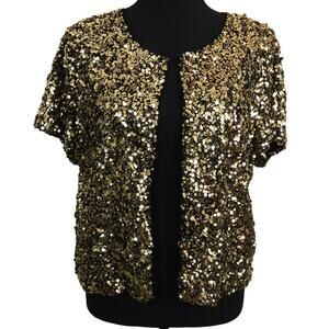 Chicos 2 Gold Sequin Rhinestone Cardigan Short Sleeve Bolero Jacket Large Party